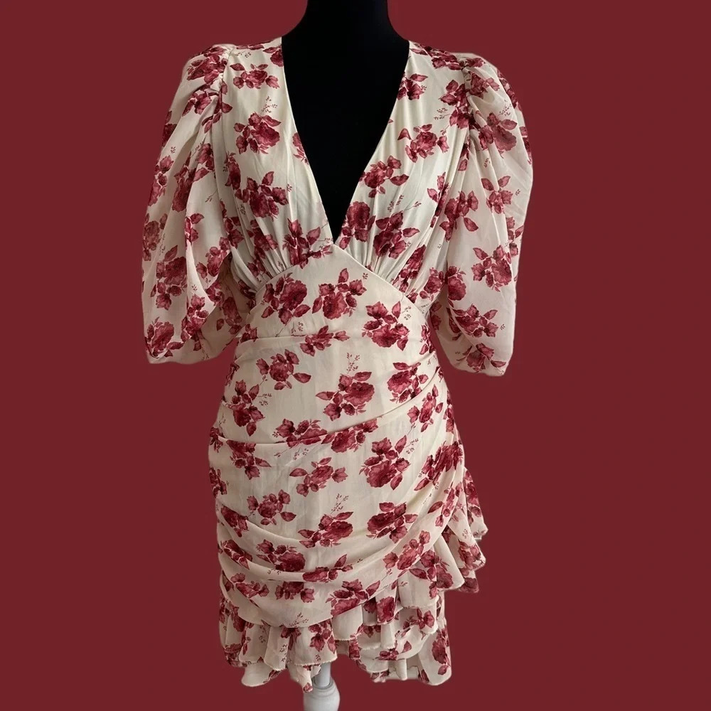 Nasty Gal US Size 6 Floral Puff Sleeve Ruffle Mini Dress V Neck Wedding Guest